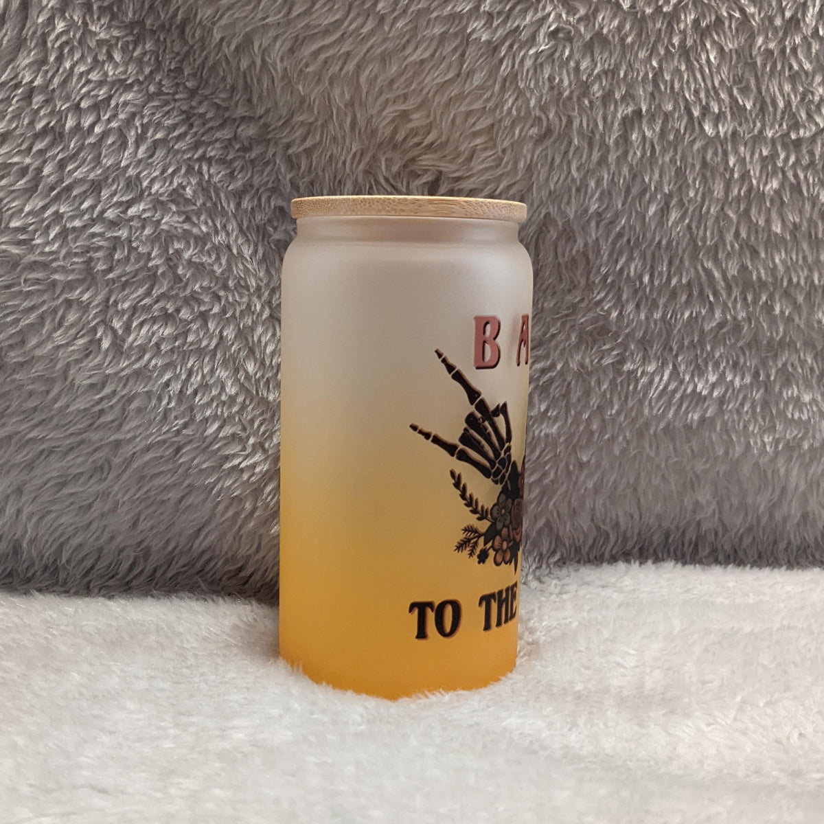 Bad To The Bone 16oz Orange Frosted Glass with Bamboo Lid & Reusable Straw