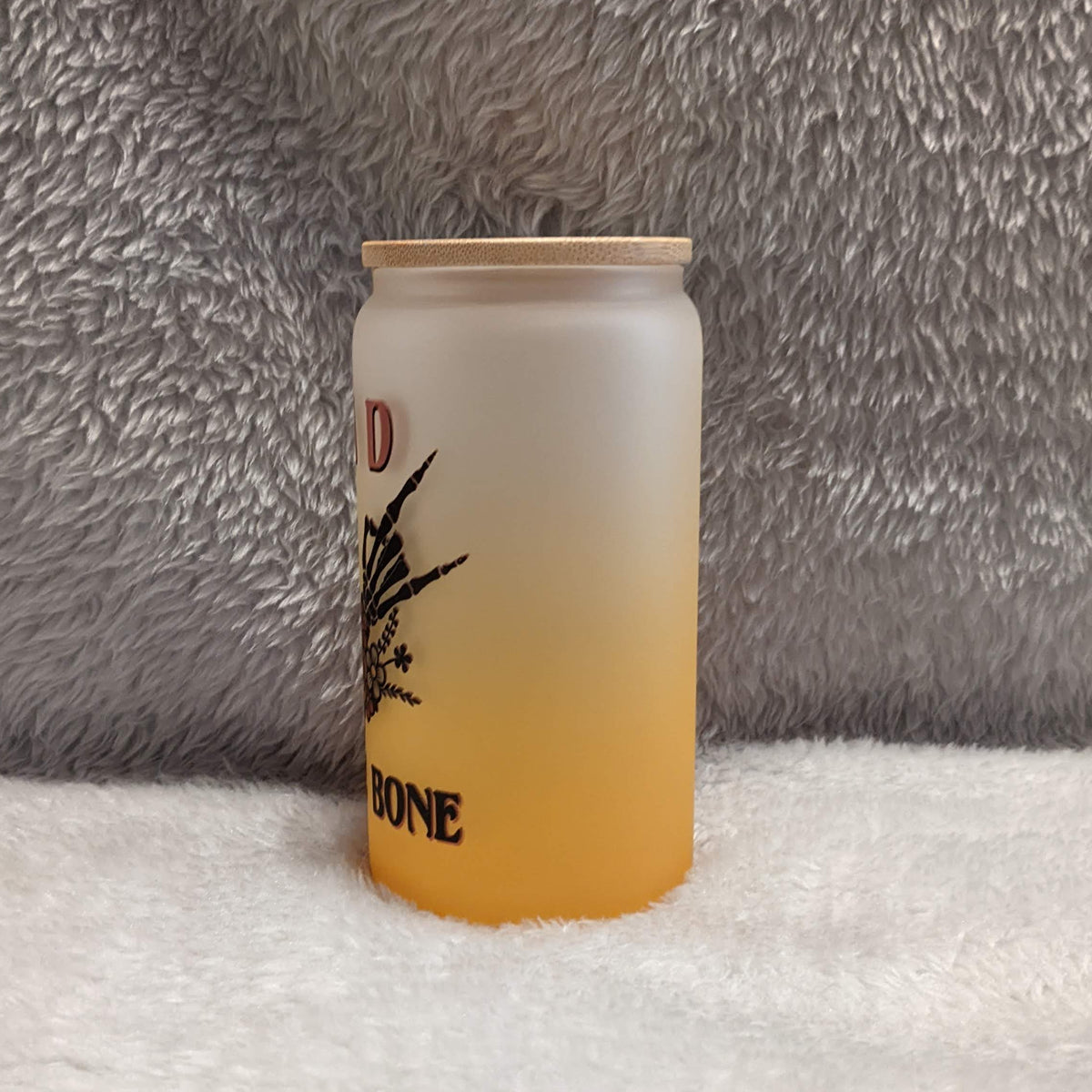 Bad To The Bone 16oz Orange Frosted Glass with Bamboo Lid & Reusable Straw