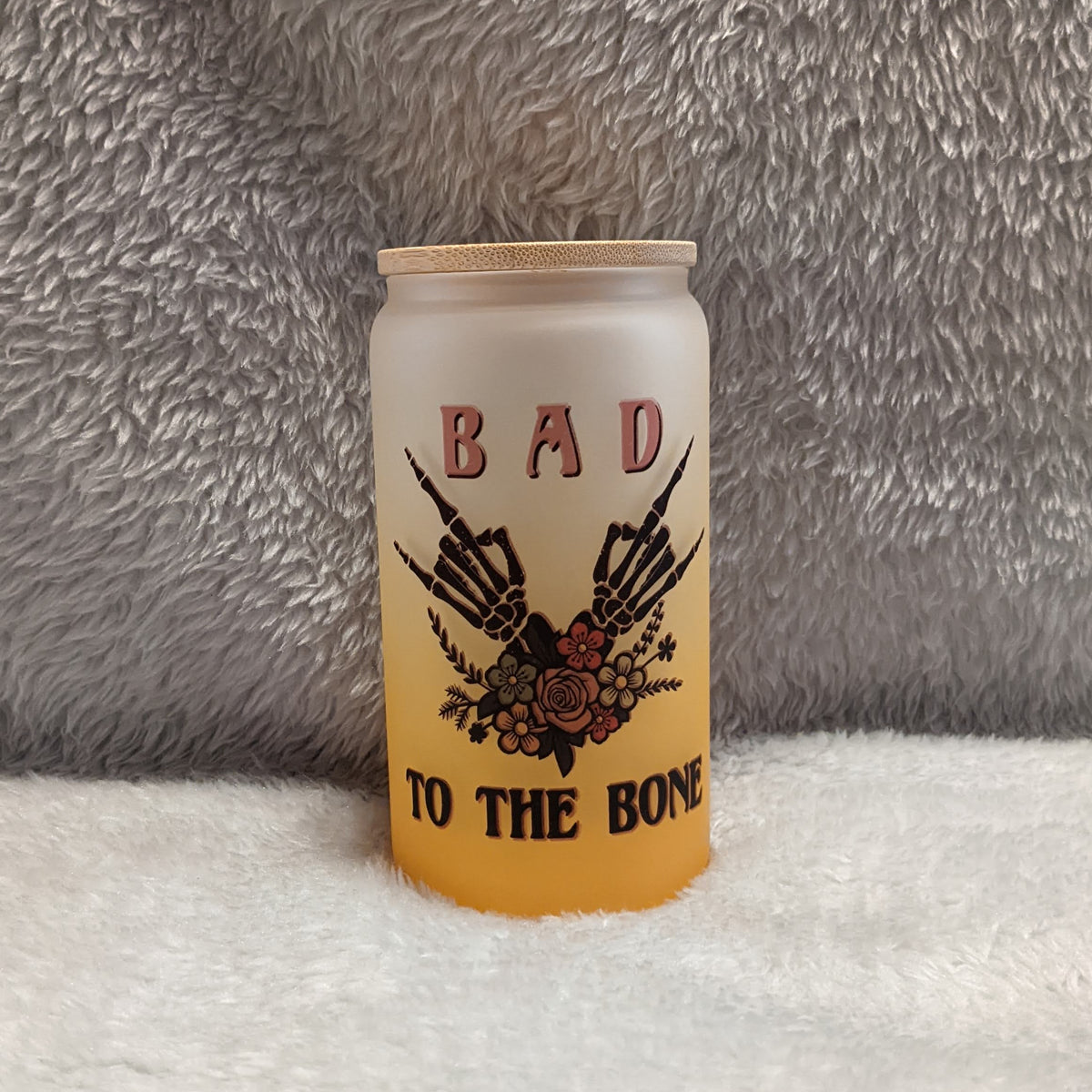 Bad To The Bone 16oz Orange Frosted Glass with Bamboo Lid & Reusable Straw