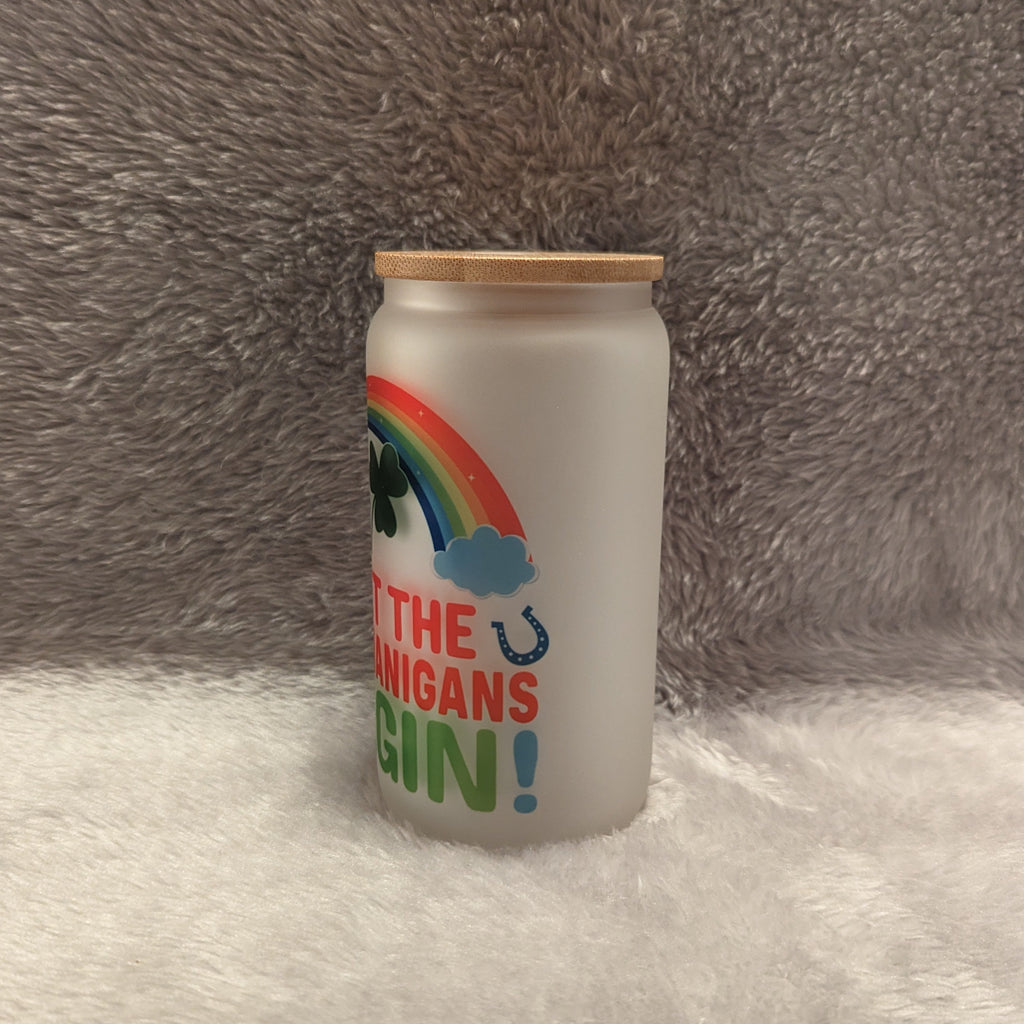 Let the Shenanigans Begin - 16oz Frosted Glass with Bamboo Lid & Reusable Straw