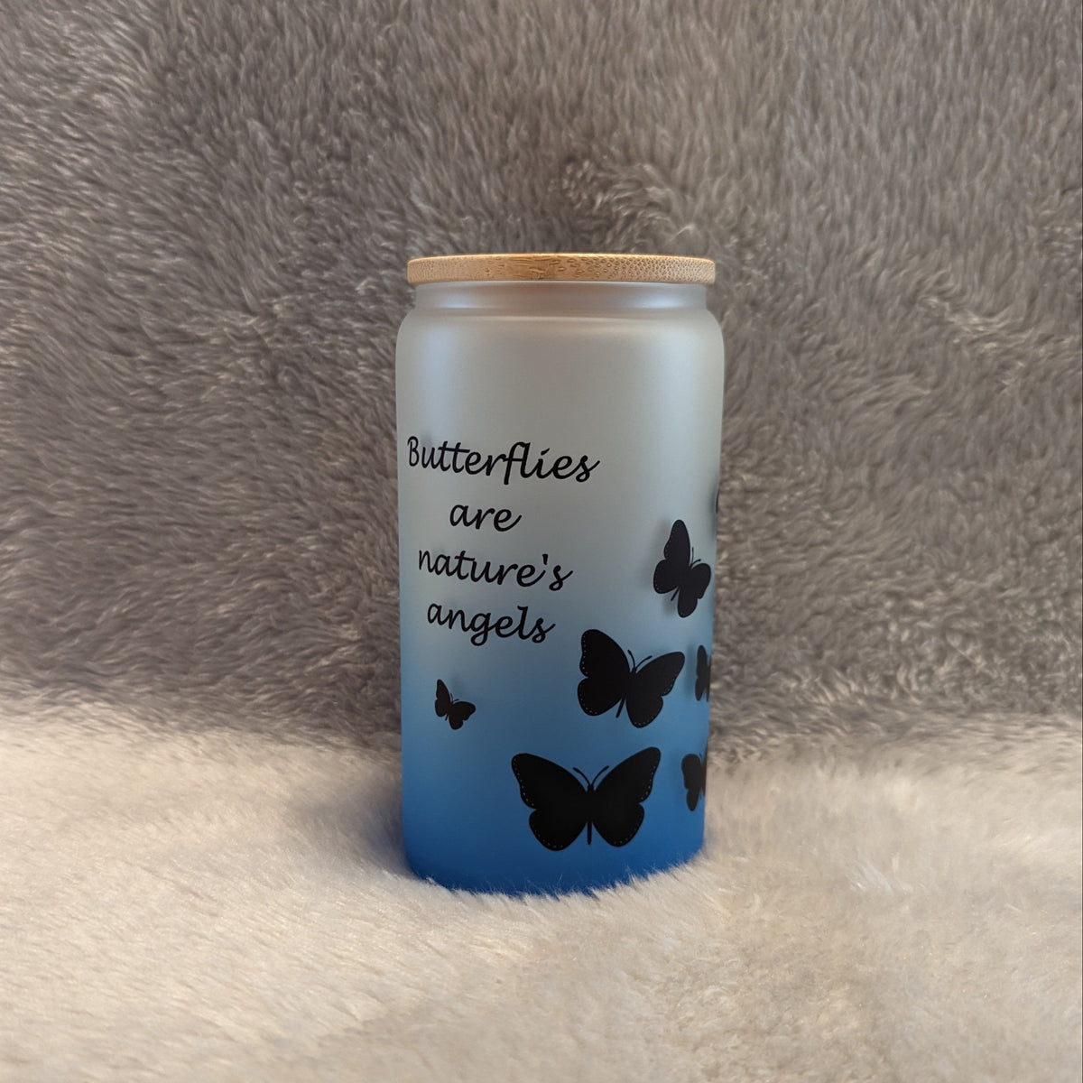 Butterflies Are Nature's Angels - 16oz Blue Frosted Glass with Bamboo Lid & Straw