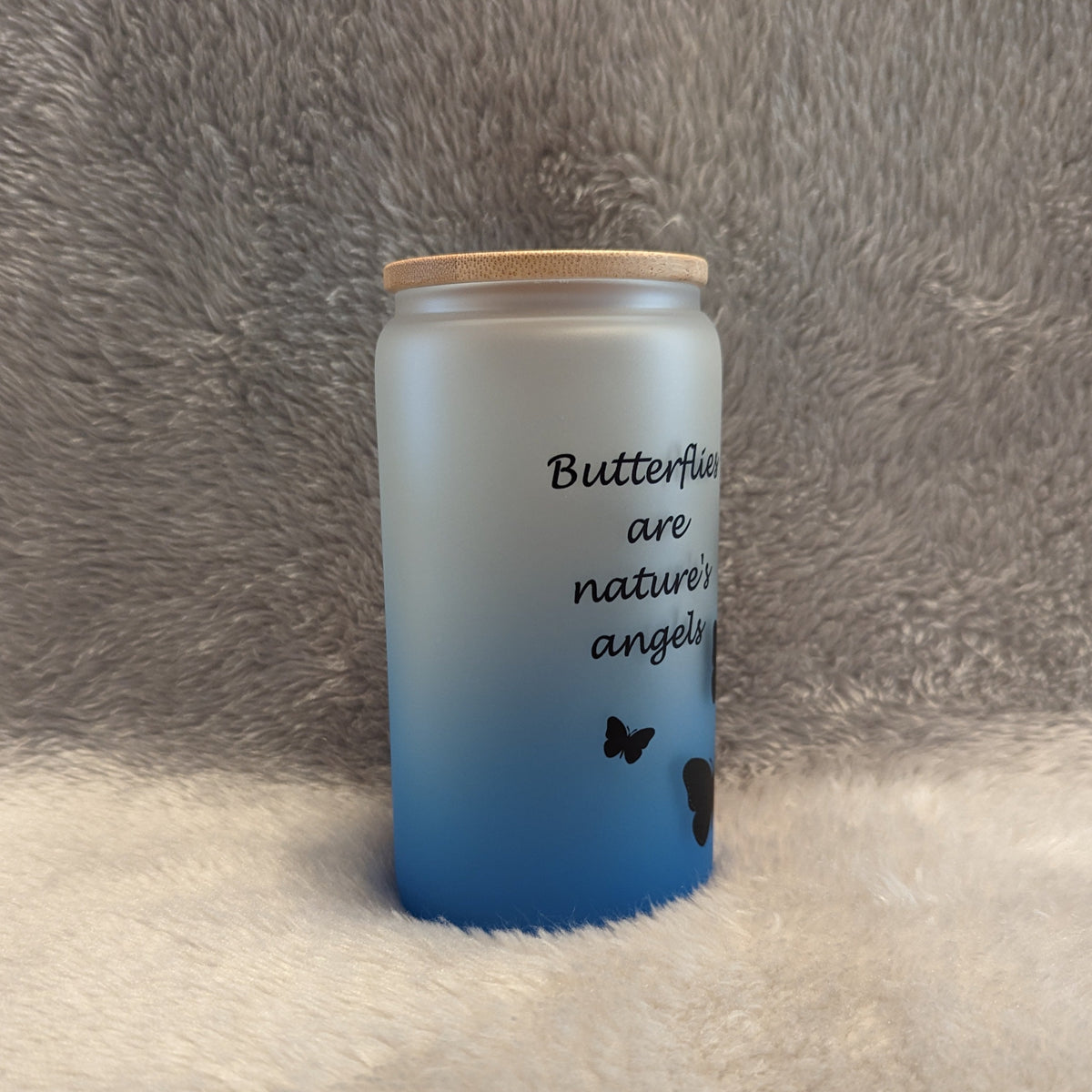 Butterflies Are Nature's Angels - 16oz Blue Frosted Glass with Bamboo Lid & Straw