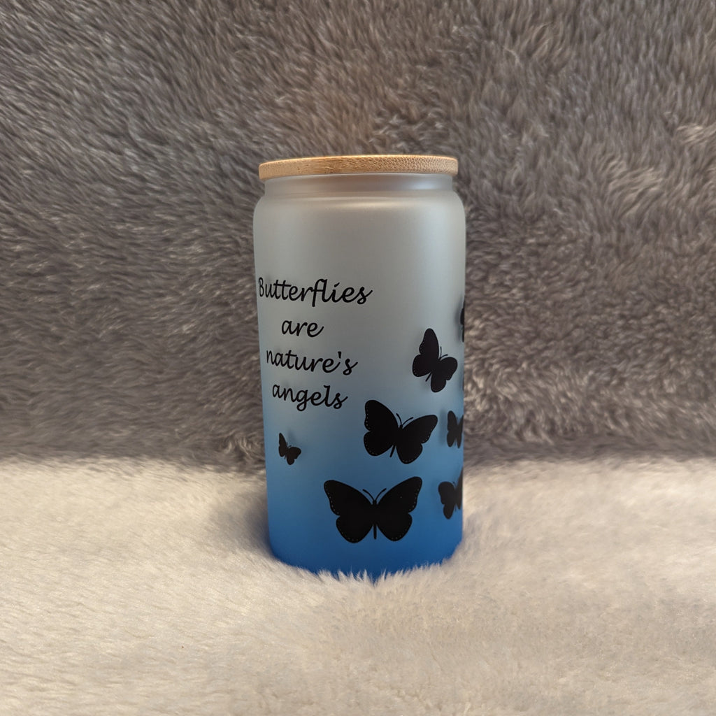 Butterflies Are Nature's Angels - 16oz Blue Frosted Glass with Bamboo Lid & Straw