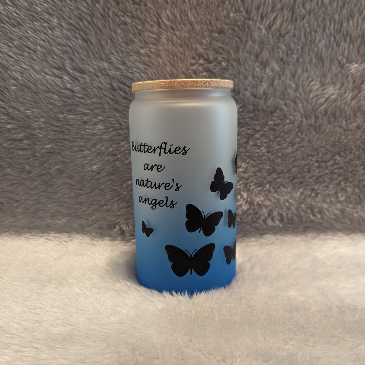 Butterflies Are Nature's Angels - 16oz Blue Frosted Glass with Bamboo Lid & Straw