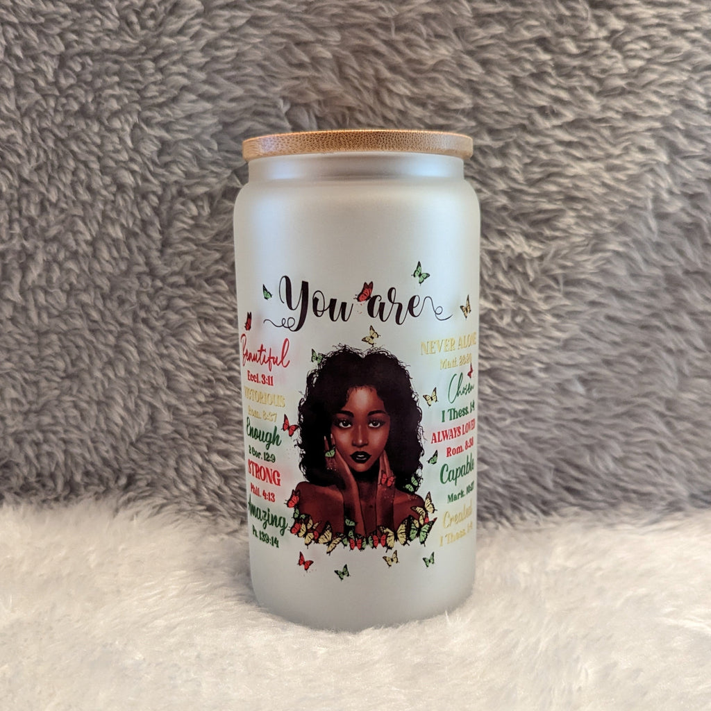You Are Beautiful 16oz Frosted Glass with Black Woman & Inspirational Words | Includes a Bamboo Lid and Reusable Straw