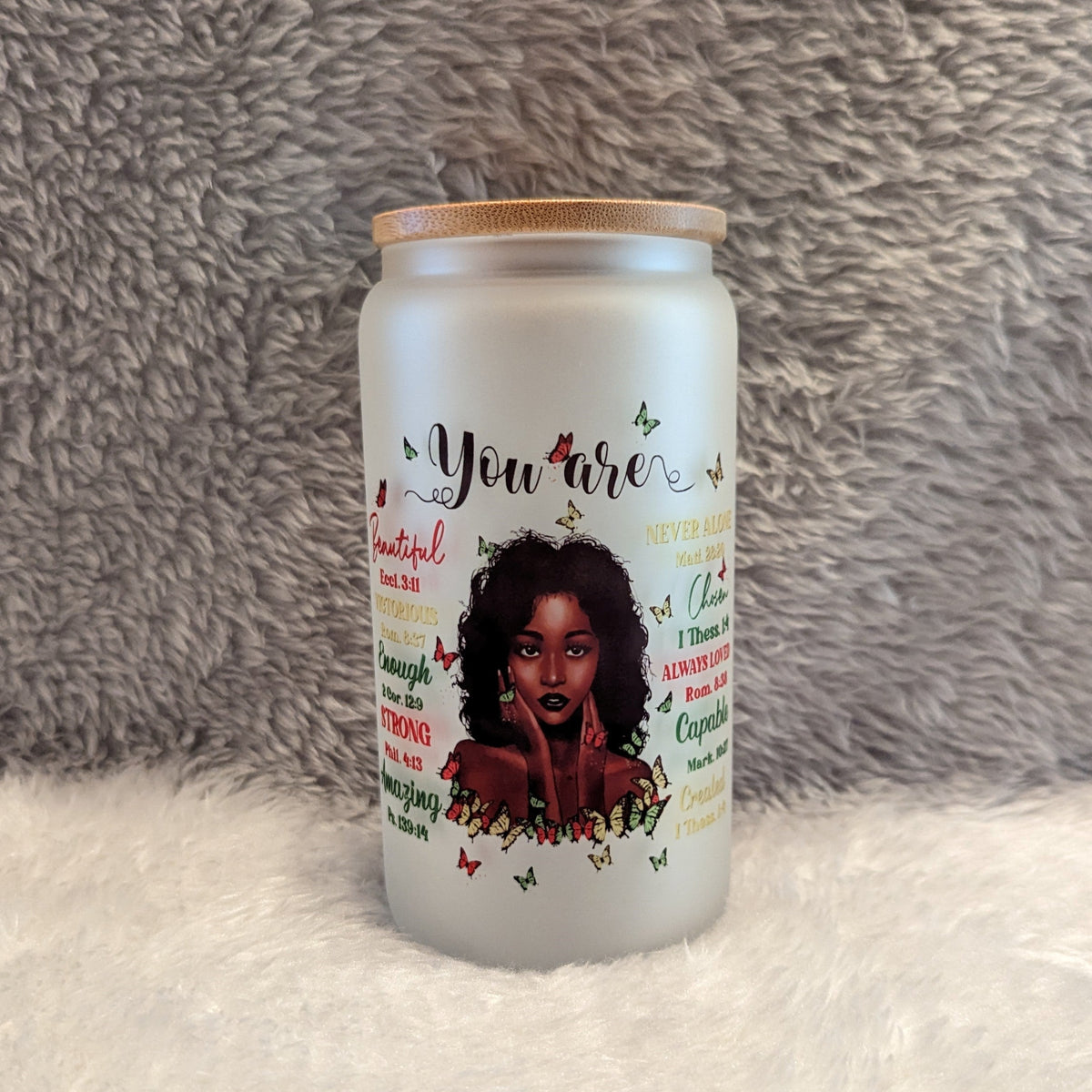 You Are Beautiful 16oz Frosted Glass with Black Woman & Inspirational Words | Includes a Bamboo Lid and Reusable Straw