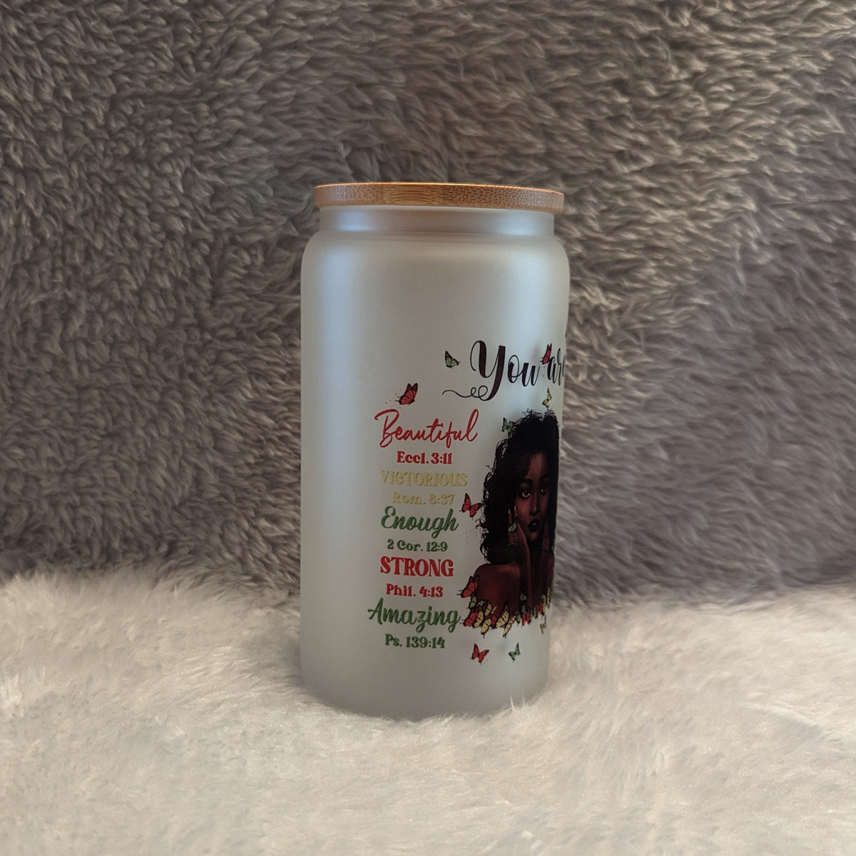 You Are Beautiful 16oz Frosted Glass with Black Woman & Inspirational Words | Includes a Bamboo Lid and Reusable Straw