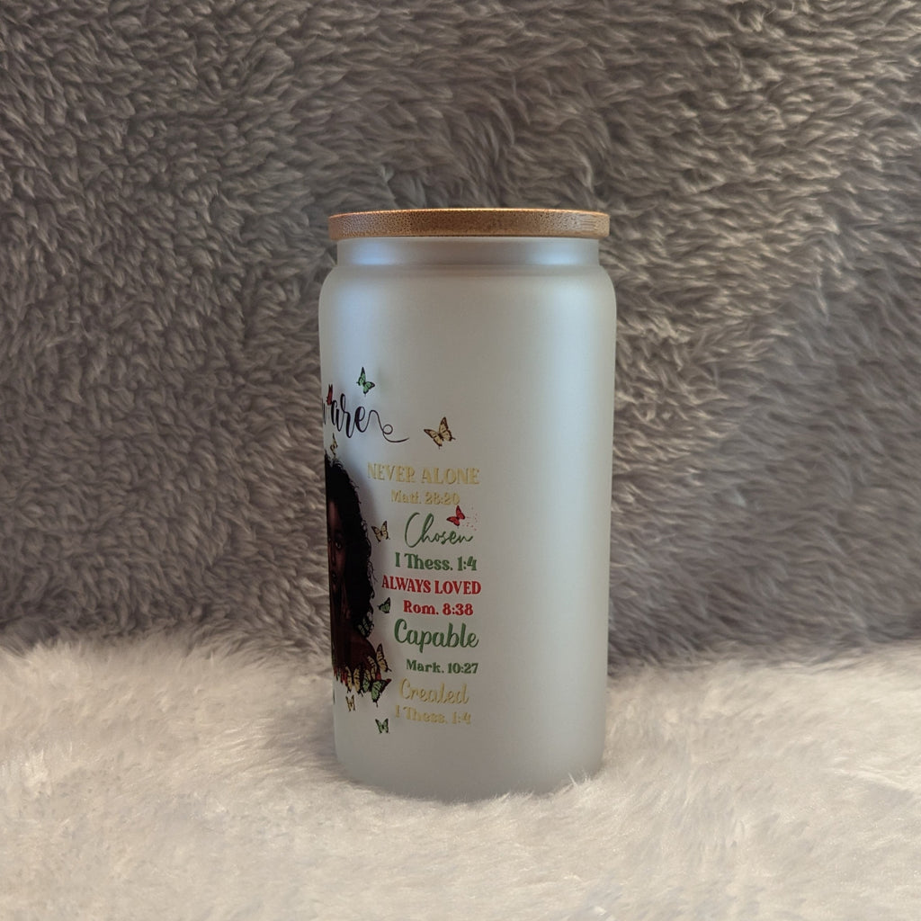 You Are Beautiful 16oz Frosted Glass with Black Woman & Inspirational Words | Includes a Bamboo Lid and Reusable Straw