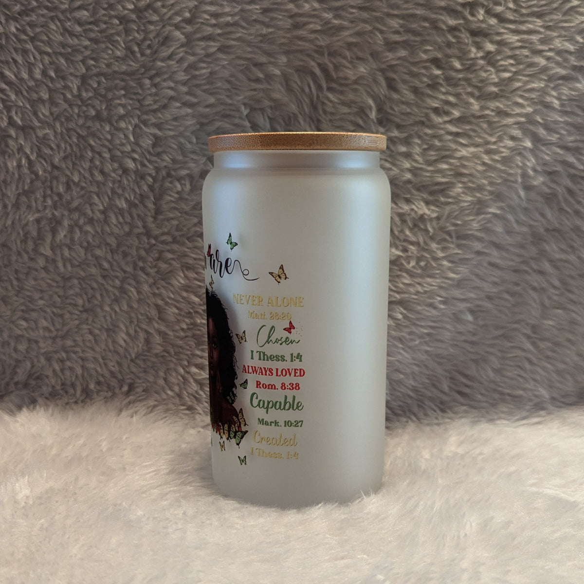 You Are Beautiful 16oz Frosted Glass with Black Woman & Inspirational Words | Includes a Bamboo Lid and Reusable Straw