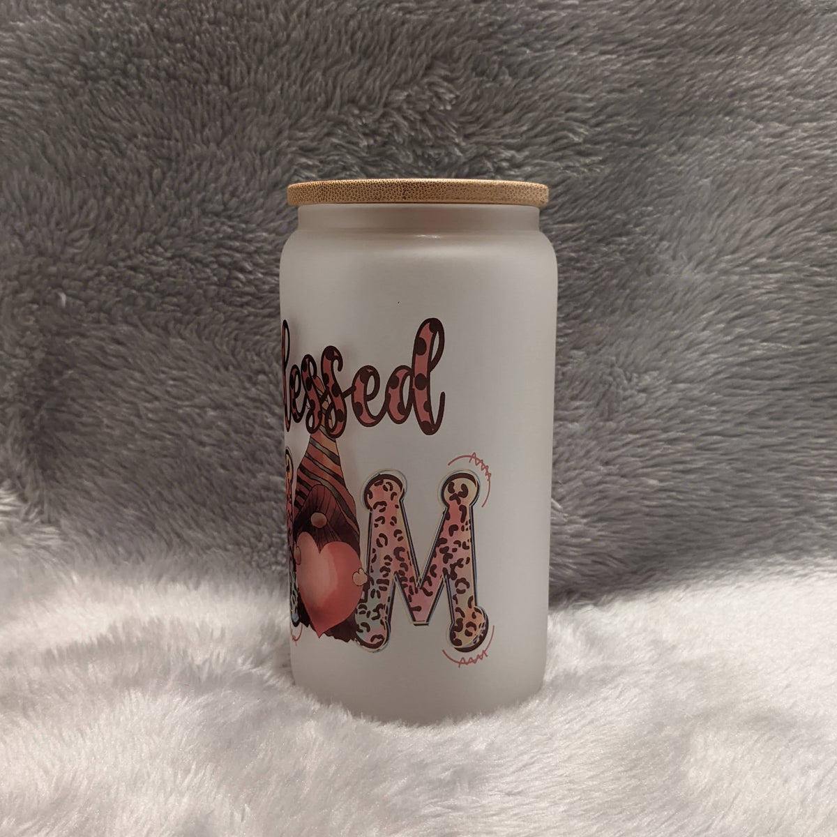 Blessed Mom Gnome Glass 16oz Tumbler with Bamboo Lid and Reusable Straw