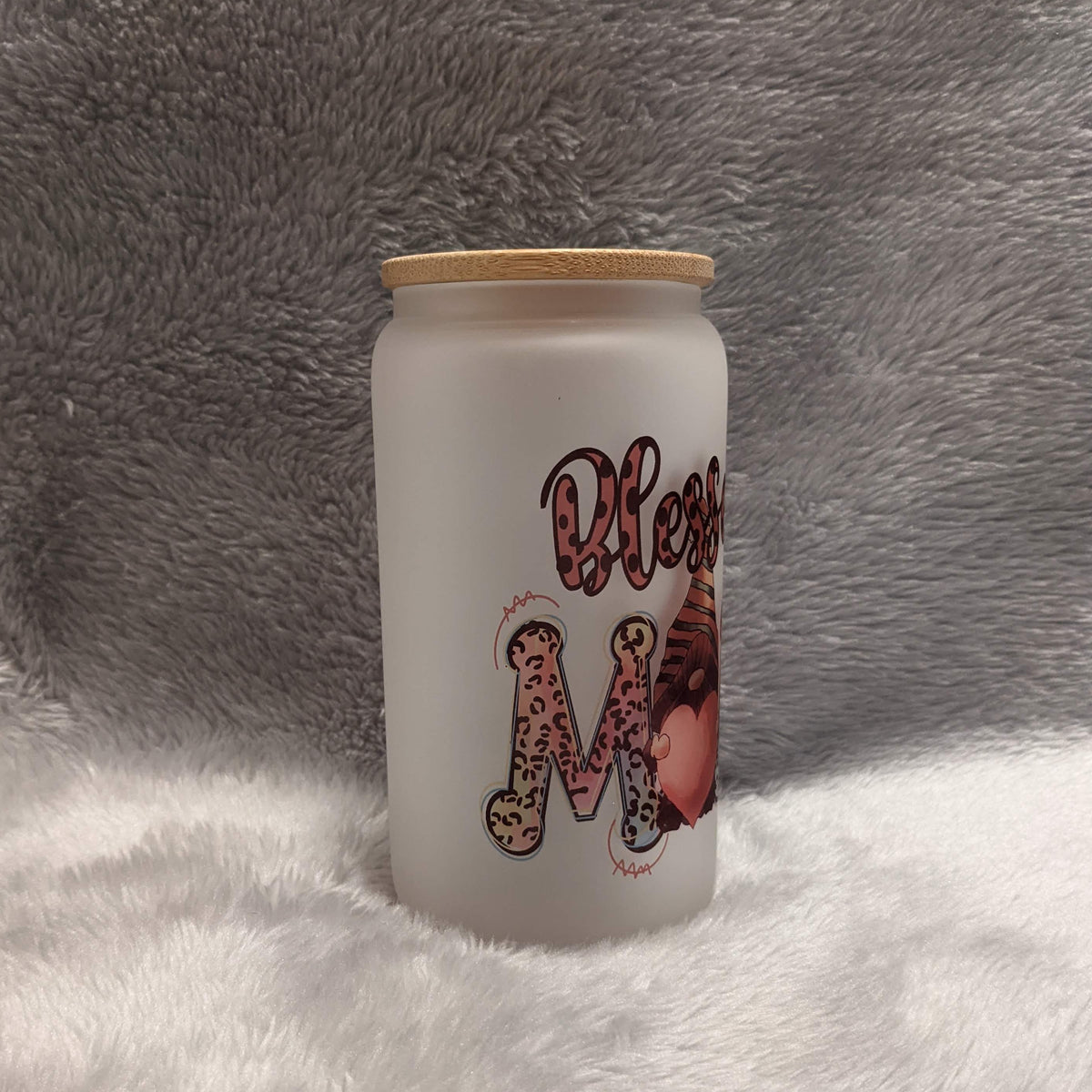 Blessed Mom Gnome Glass 16oz Tumbler with Bamboo Lid and Reusable Straw