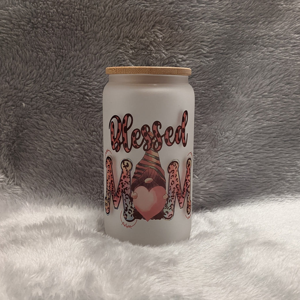 Blessed Mom Gnome Glass 16oz Tumbler with Bamboo Lid and Reusable Straw