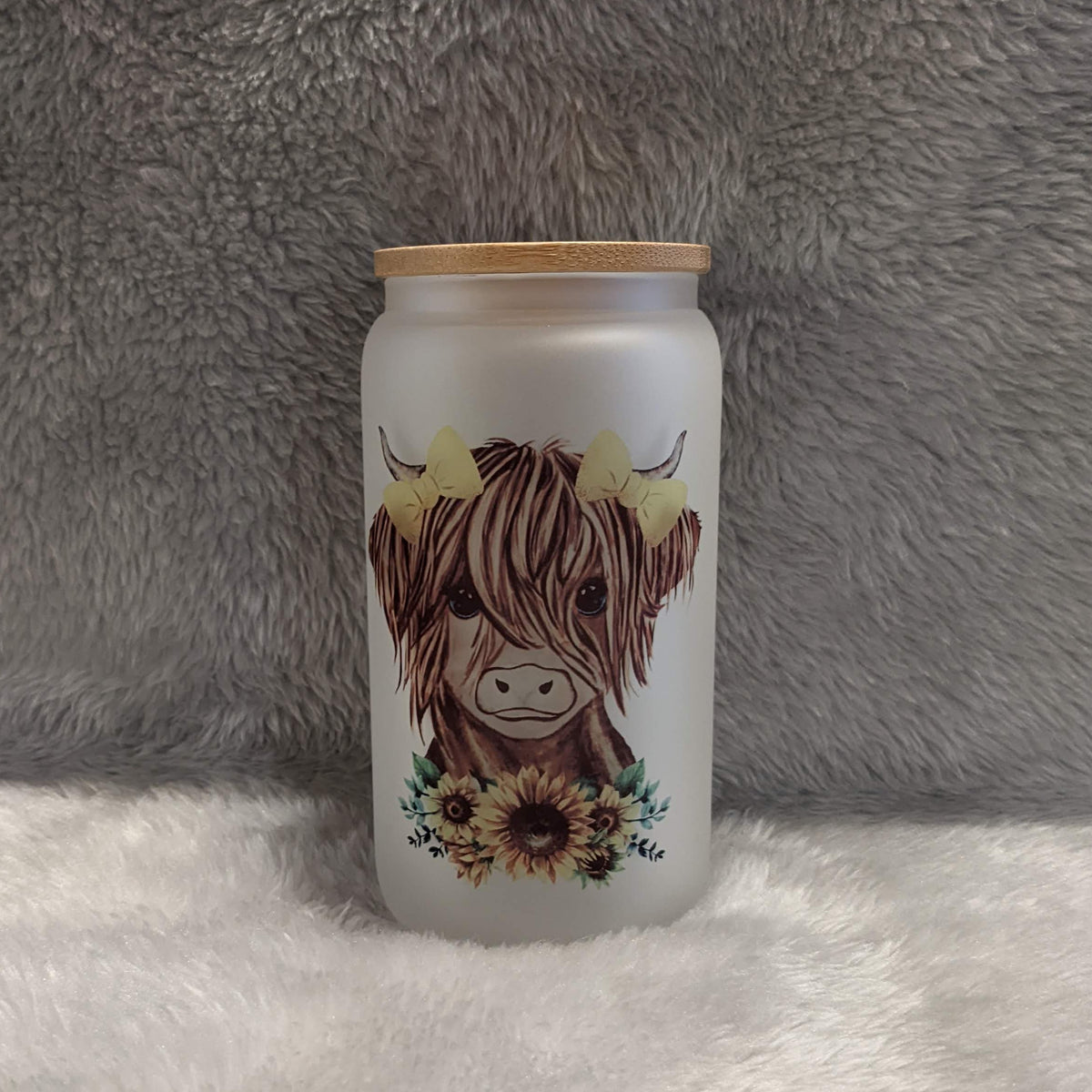 Frosted Highland Cow Glass with Bamboo Lid & Reusable Straw