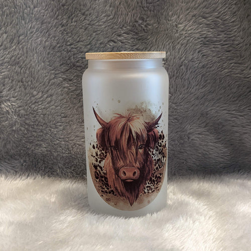 16oz Frosted Highland Cow Glass with A Leopard Print - Bamboo Lid & Reusable Straw