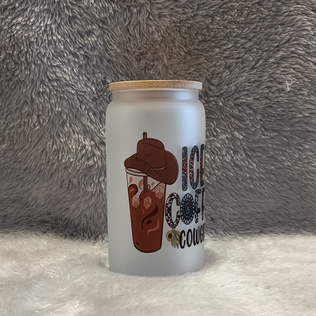 Cowgirl Frosted Glass 16oz With A Bamboo Lid and Reusable Straw