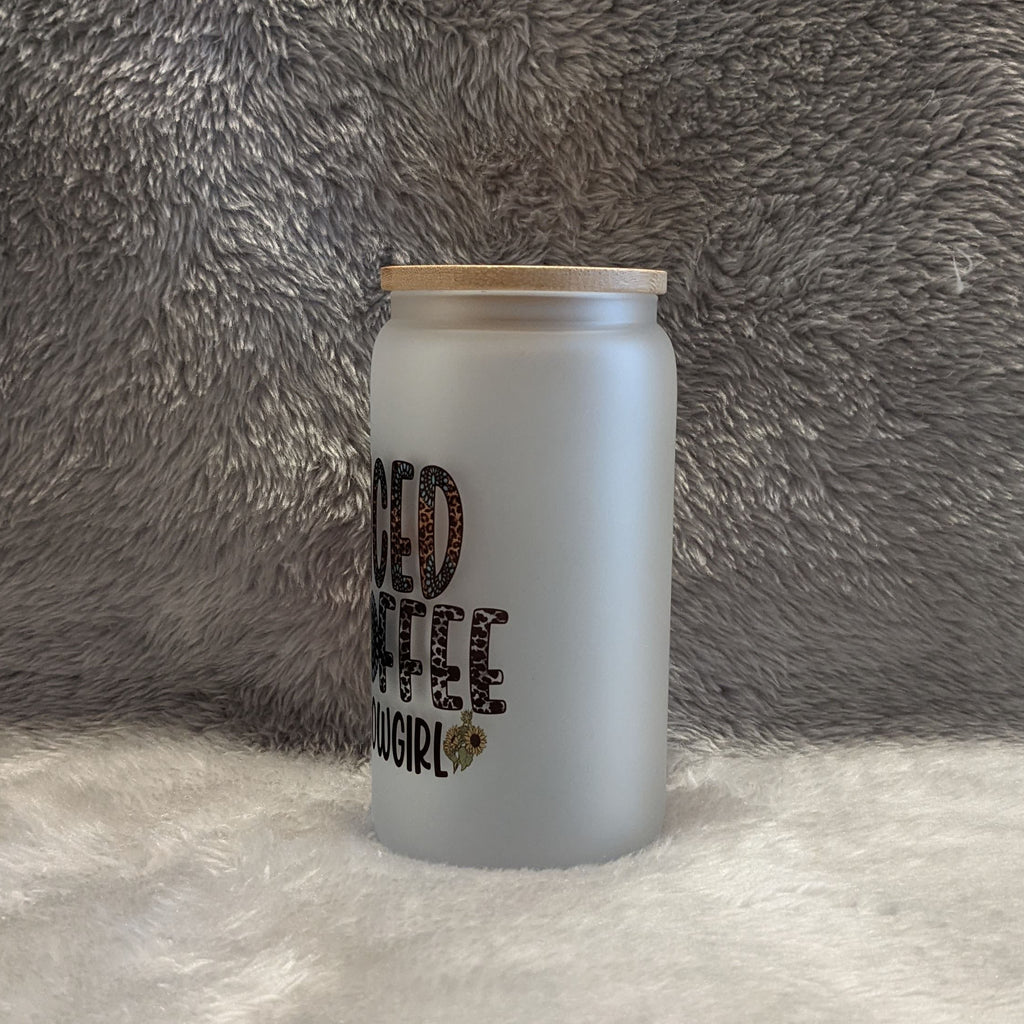 Cowgirl Frosted Glass 16oz With A Bamboo Lid and Reusable Straw