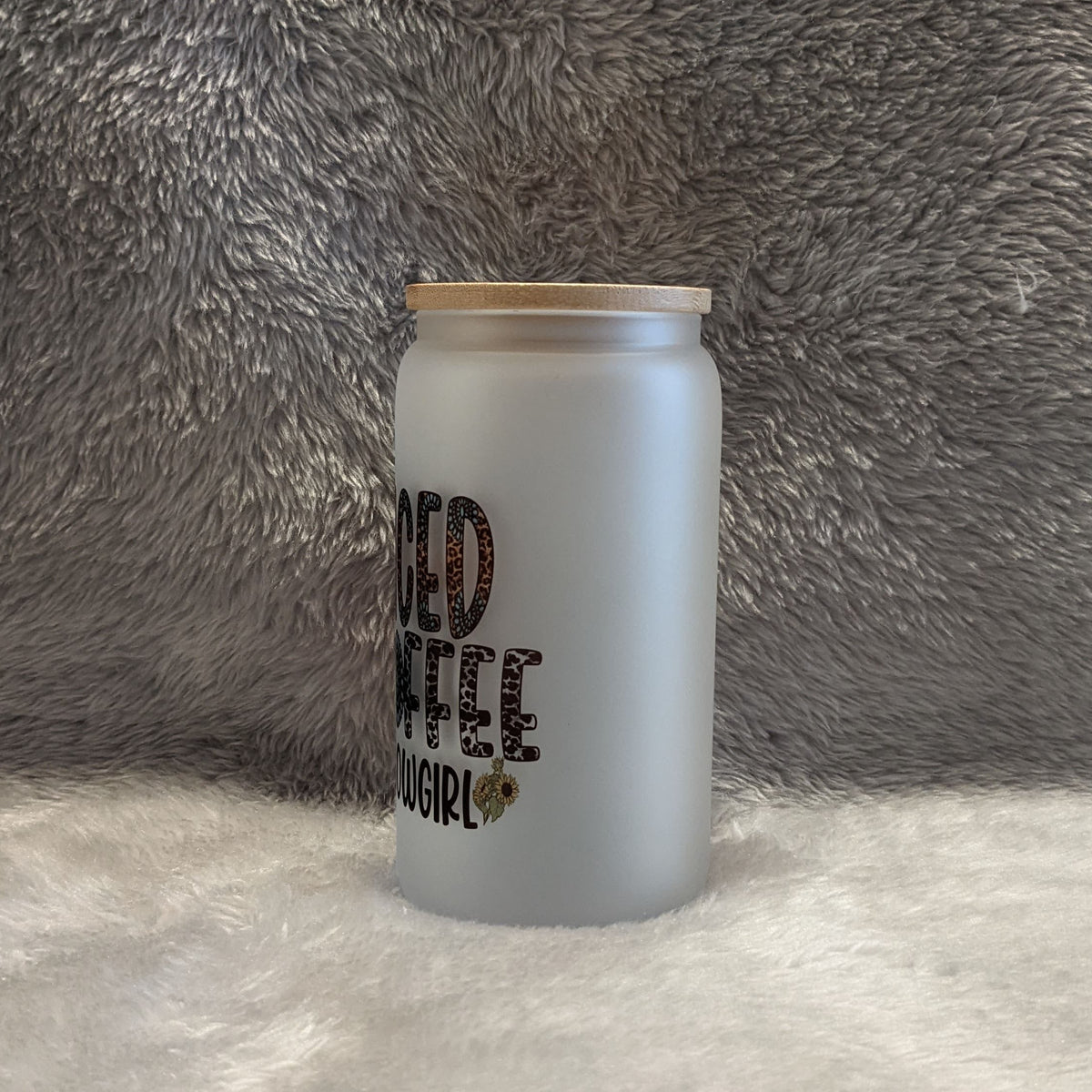 Cowgirl Frosted Glass 16oz With A Bamboo Lid and Reusable Straw