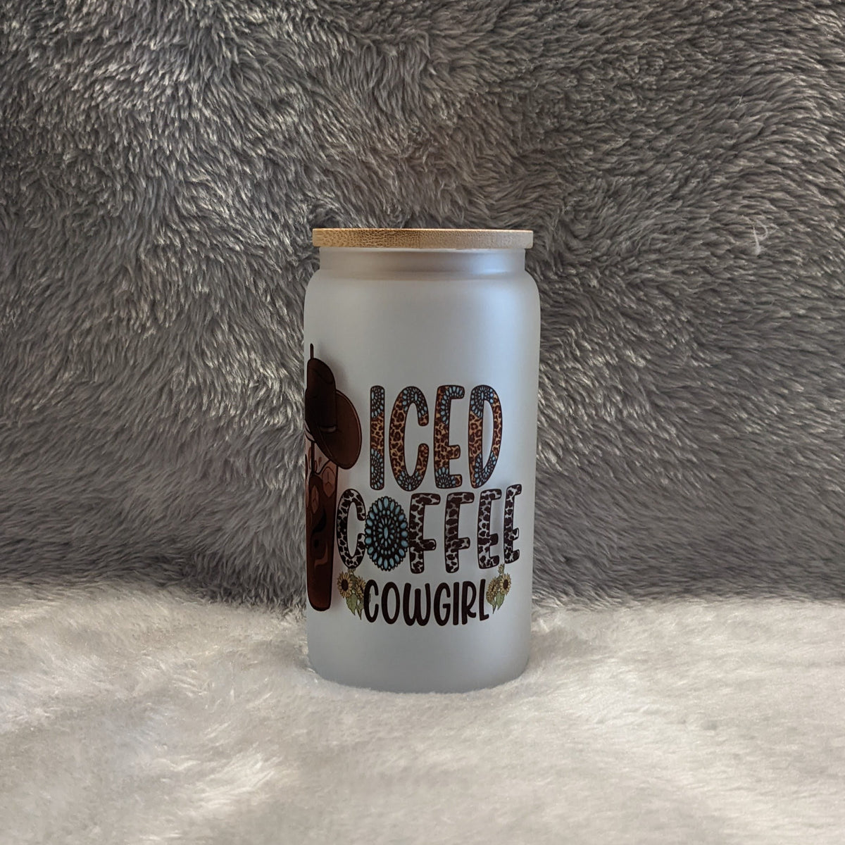 Cowgirl Frosted Glass 16oz With A Bamboo Lid and Reusable Straw