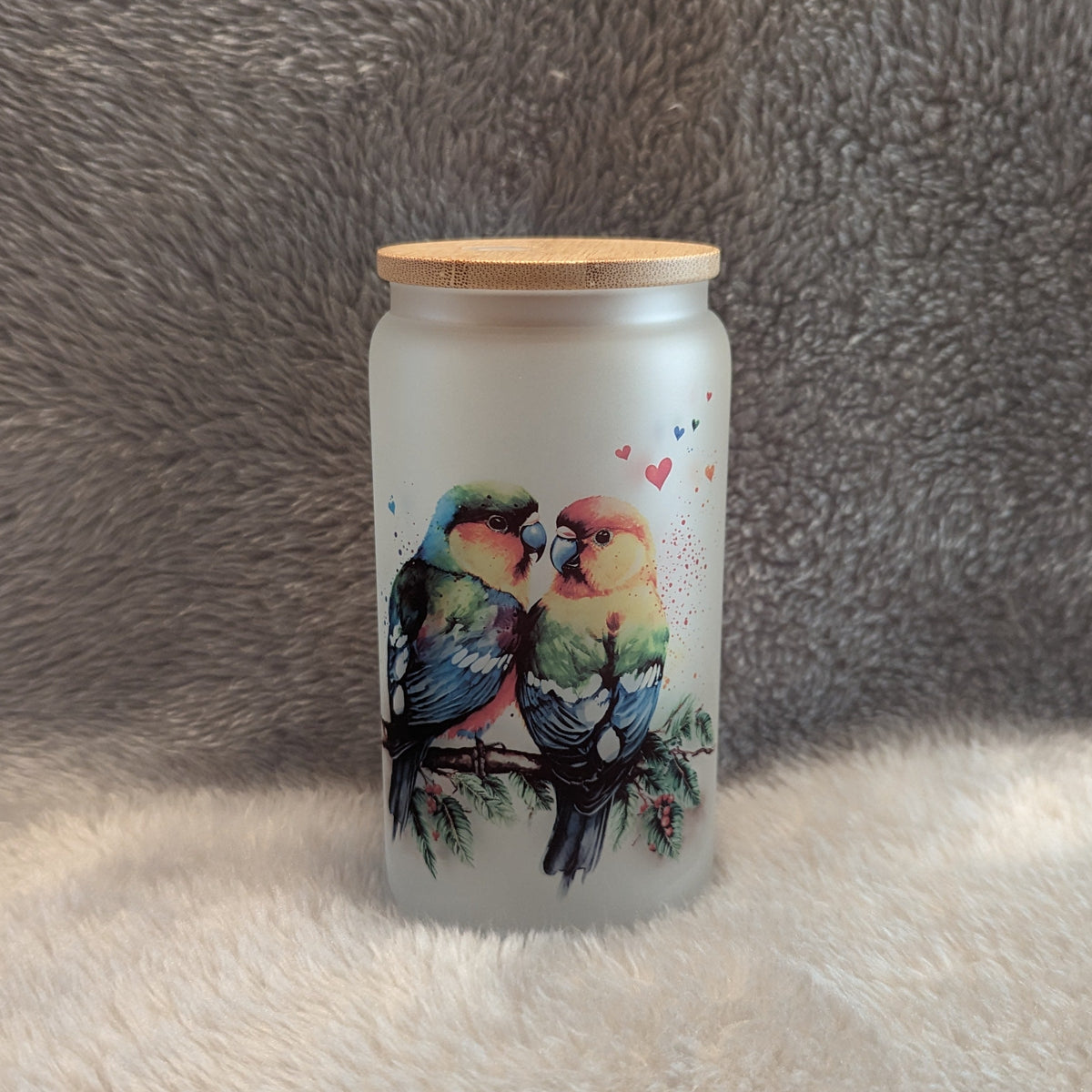 Lovebirds 16oz Frosted Glass Cup with Bamboo Lid & Straw