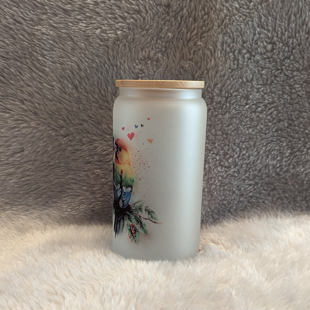Lovebirds 16oz Frosted Glass Cup with Bamboo Lid & Straw