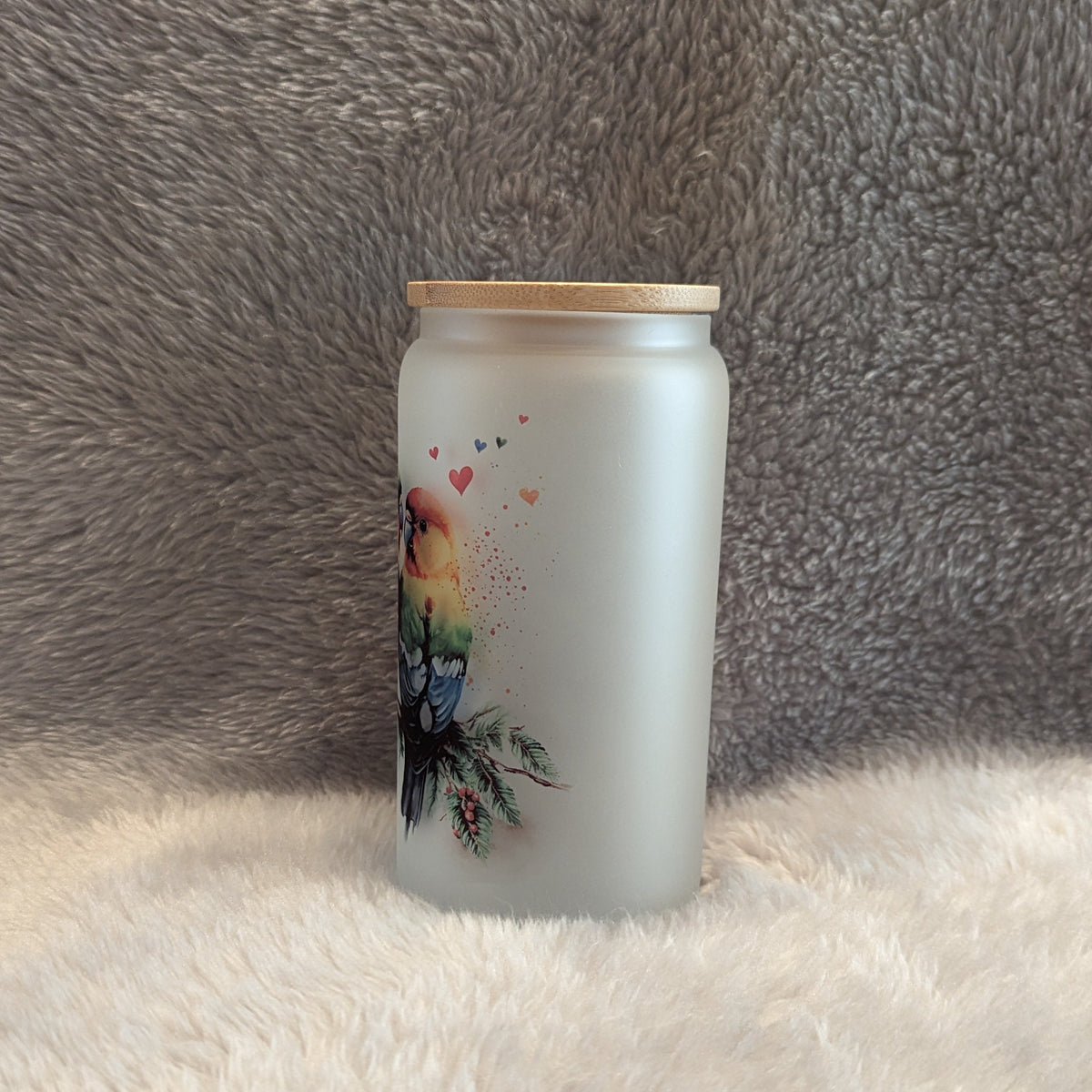 Lovebirds 16oz Frosted Glass Cup with Bamboo Lid & Straw