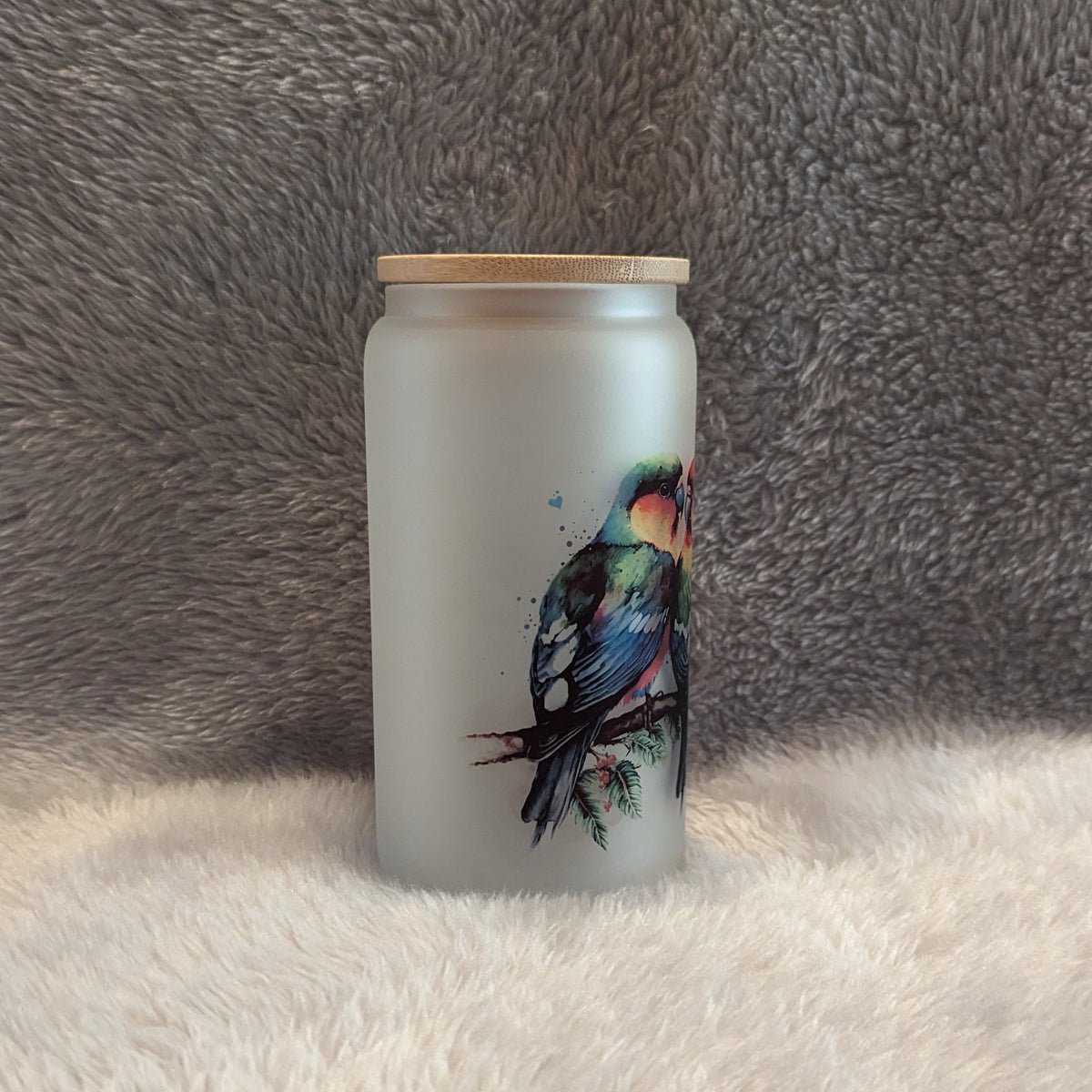 Lovebirds 16oz Frosted Glass Cup with Bamboo Lid & Straw