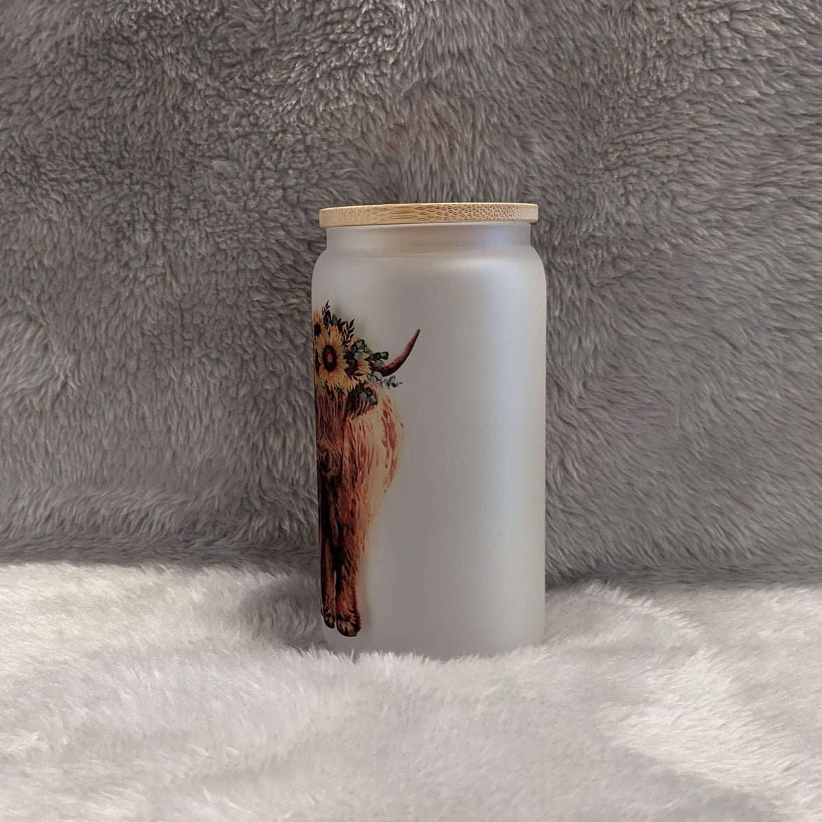 Frosted 16oz Highland Cow and Baby Glass With Bamboo Lid & Reusable Straw
