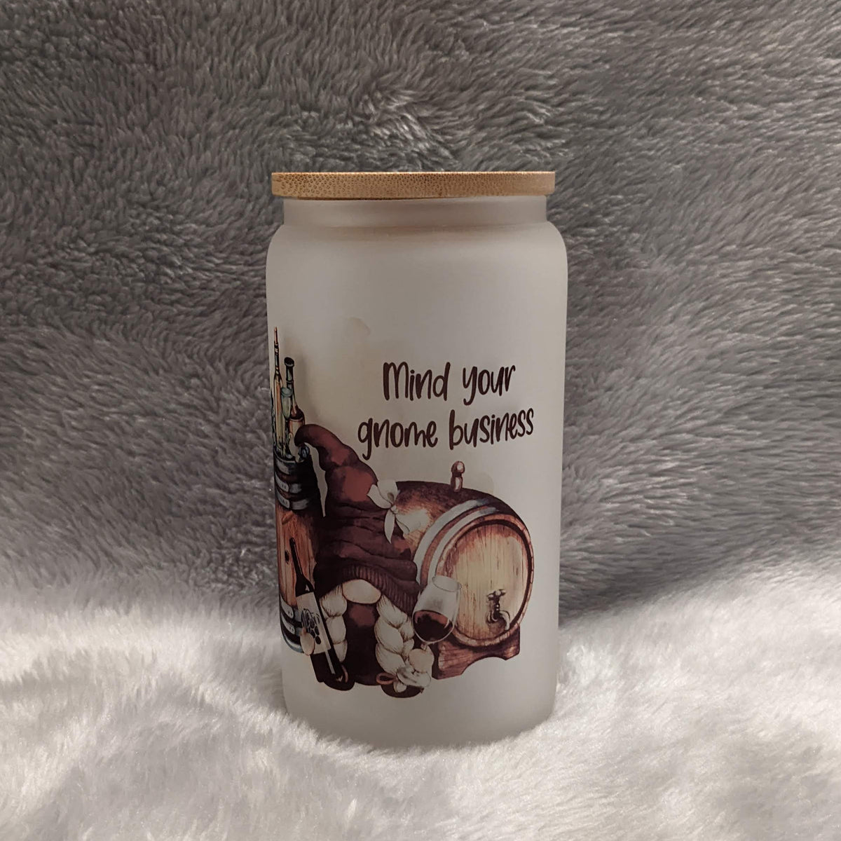 Mind Your Gnome Business 16oz Frosted Glass Cup with Bamboo Lid & Straw