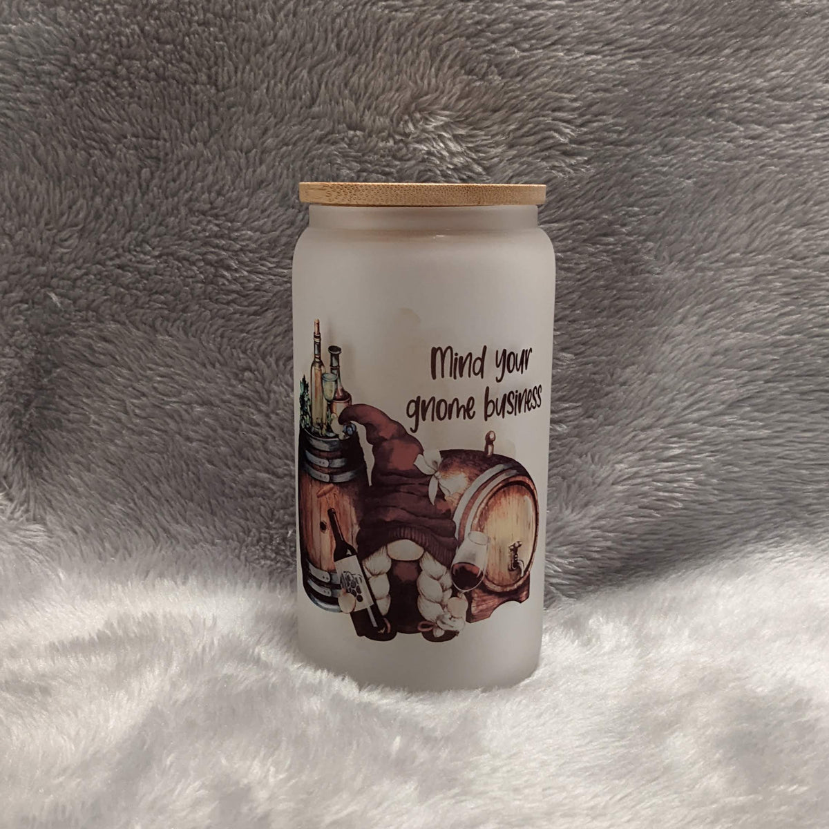 Mind Your Gnome Business 16oz Frosted Glass Cup with Bamboo Lid & Straw