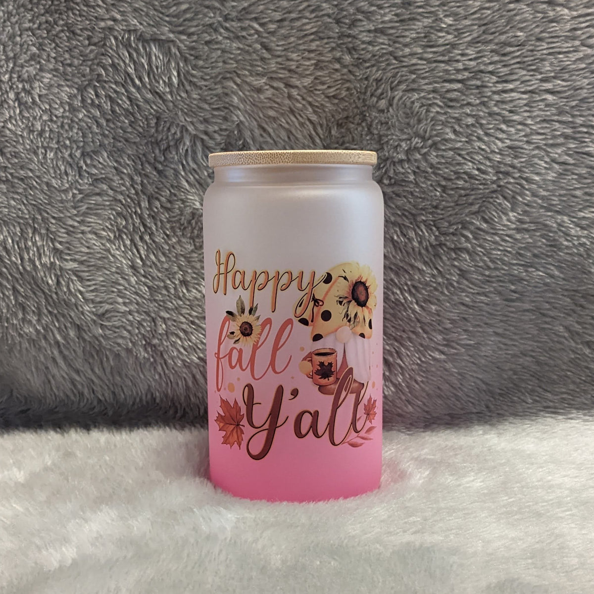 Happy Fall Y'all 16oz Pink Frosted Glass with Bamboo Lid & Reusable Straw
