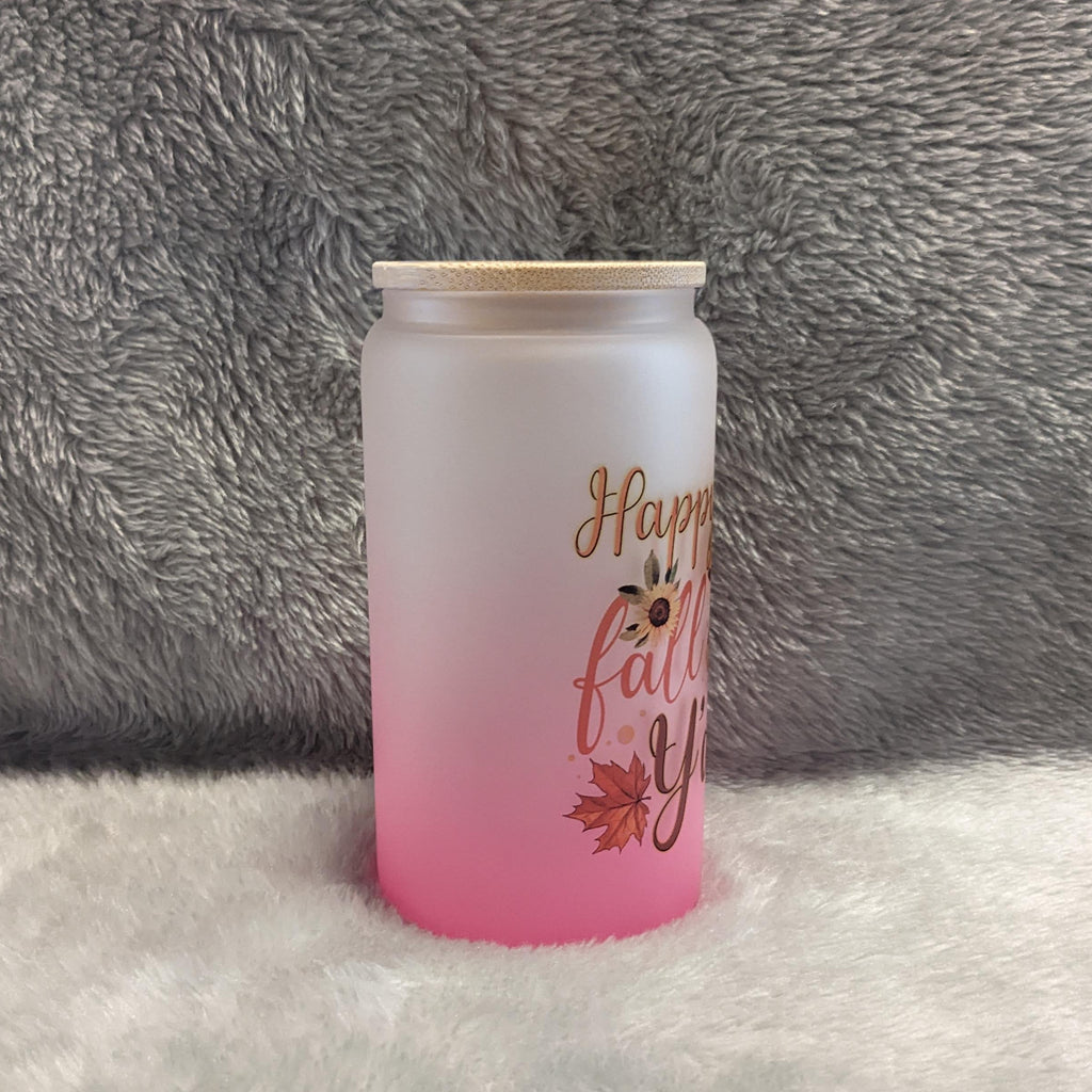 Happy Fall Y'all 16oz Pink Frosted Glass with Bamboo Lid & Reusable Straw