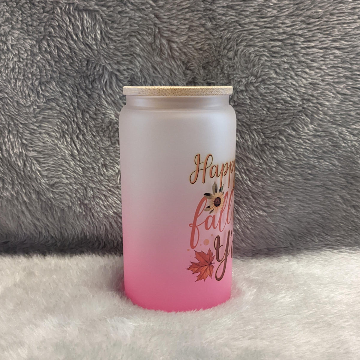 Happy Fall Y'all 16oz Pink Frosted Glass with Bamboo Lid & Reusable Straw