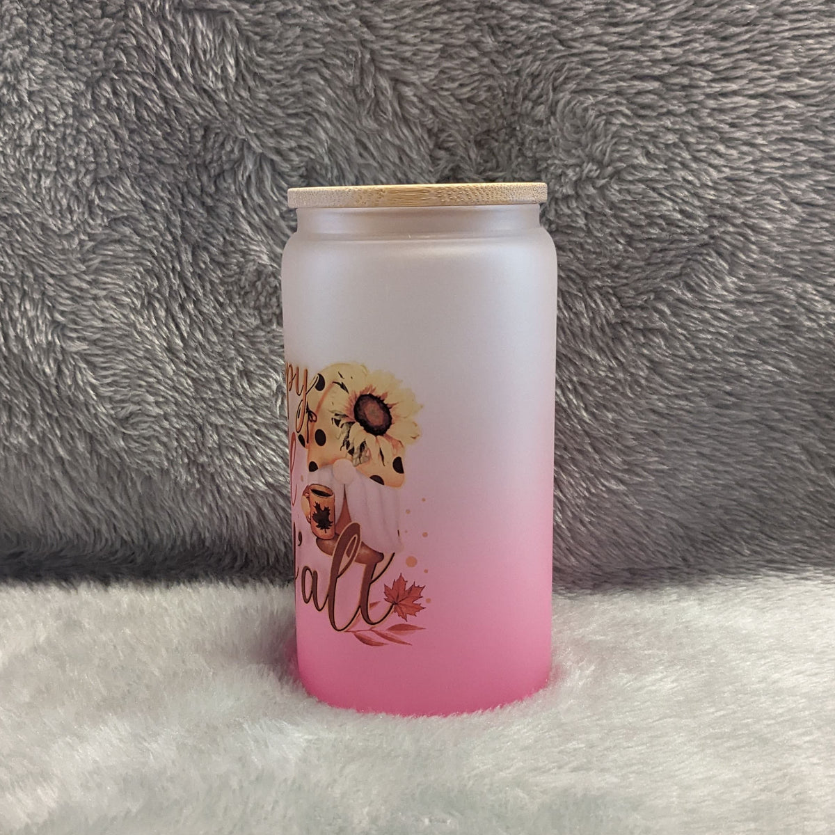 Happy Fall Y'all 16oz Pink Frosted Glass with Bamboo Lid & Reusable Straw