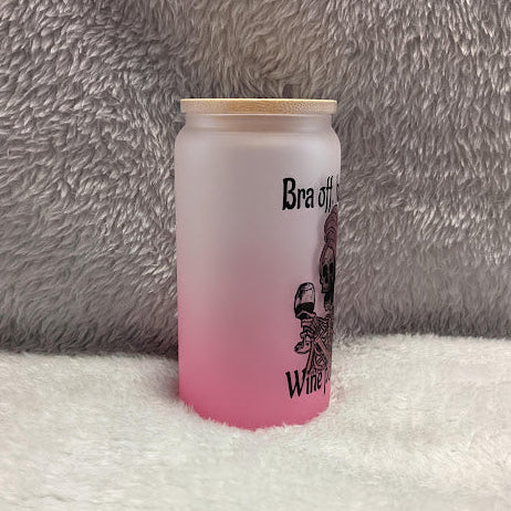 Wine Lover's Skeleton Girl Mug - 16oz Pink Frosted Glass with Bamboo Lid & Reusable Straw