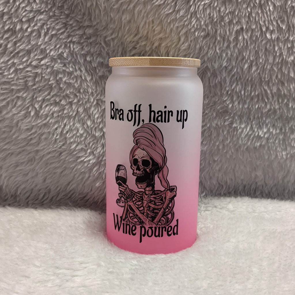 Wine Lover's Skeleton Girl Mug - 16oz Pink Frosted Glass with Bamboo Lid & Reusable Straw