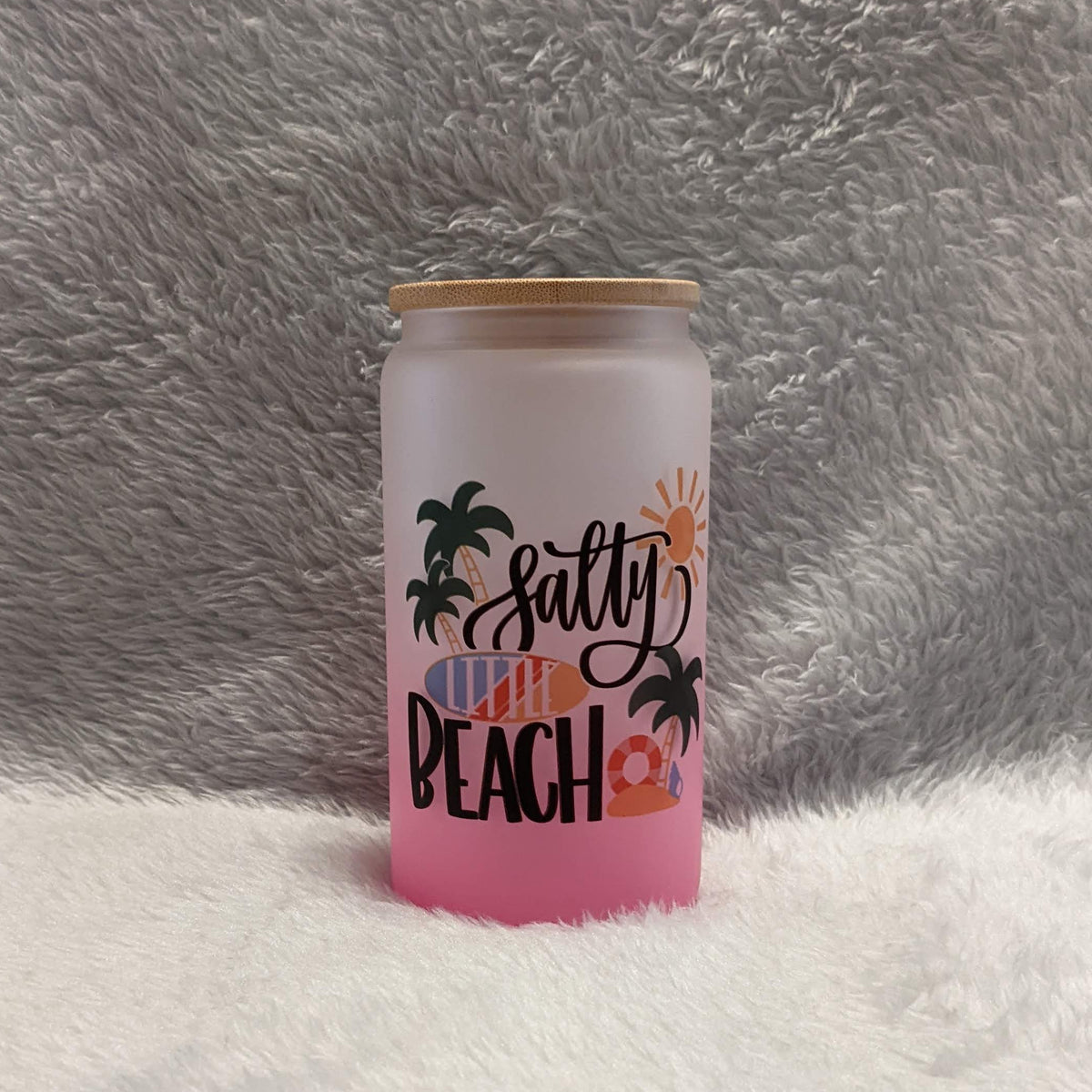 16oz Pink Frosted Beach Glass Tumbler with Bamboo Lid & Reusable Straw