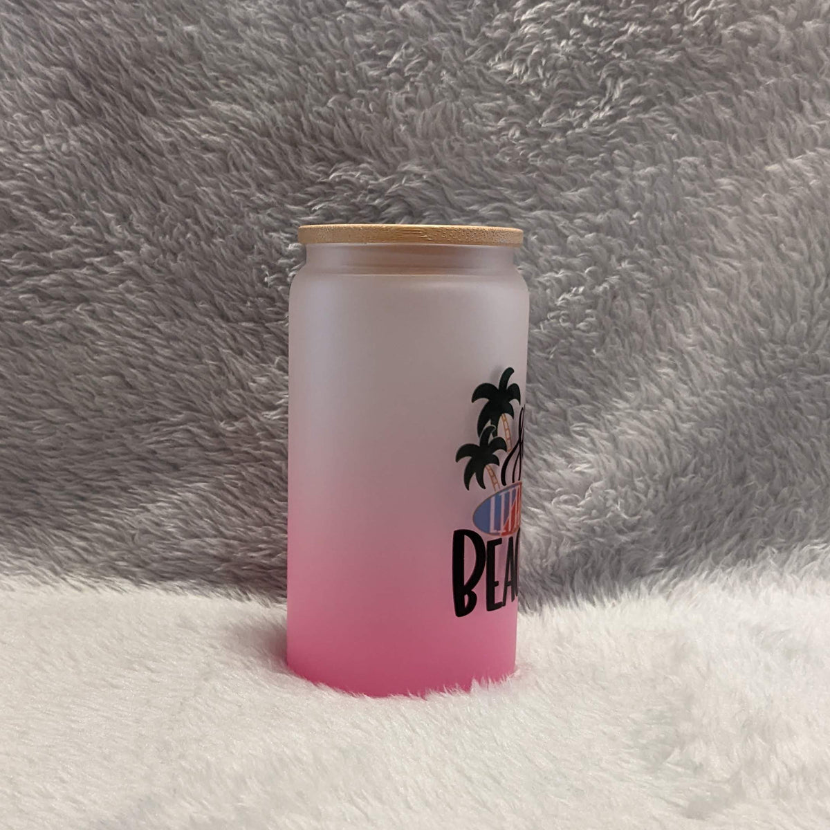 16oz Pink Frosted Beach Glass Tumbler with Bamboo Lid & Reusable Straw
