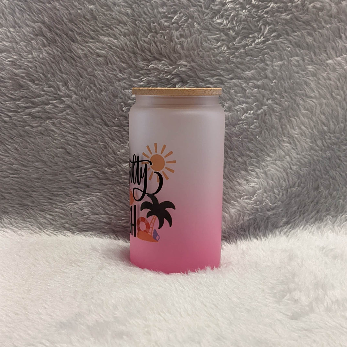16oz Pink Frosted Beach Glass Tumbler with Bamboo Lid & Reusable Straw