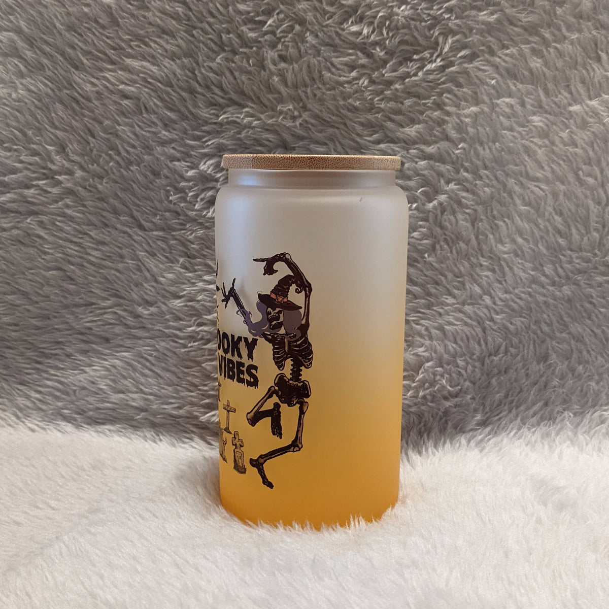 Spooky Vibes Skeleton Glass 16oz With Bamboo Lid and Reusable Straw,