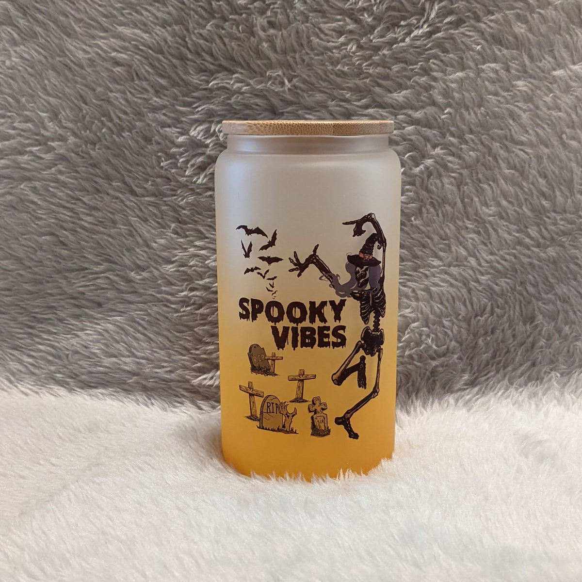 Spooky Vibes Skeleton Glass 16oz With Bamboo Lid and Reusable Straw,