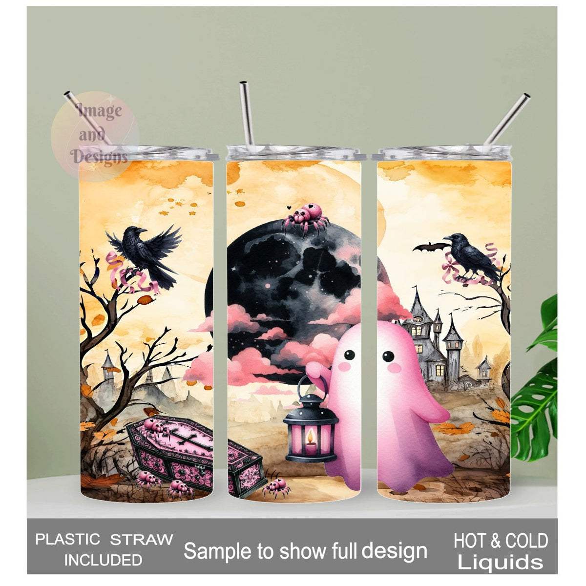 Pink Ghost Tumbler 20oz With Reusable Straw, Can Be Personalized