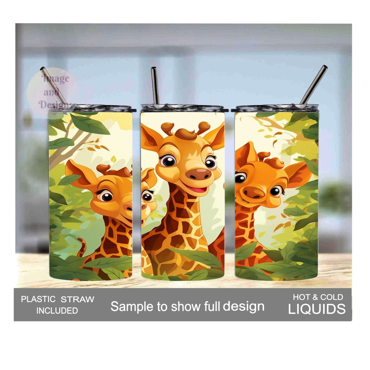 Kids Cartoon Giraffe Tumbler 15oz With Reusable Straw, Can Be Personalized