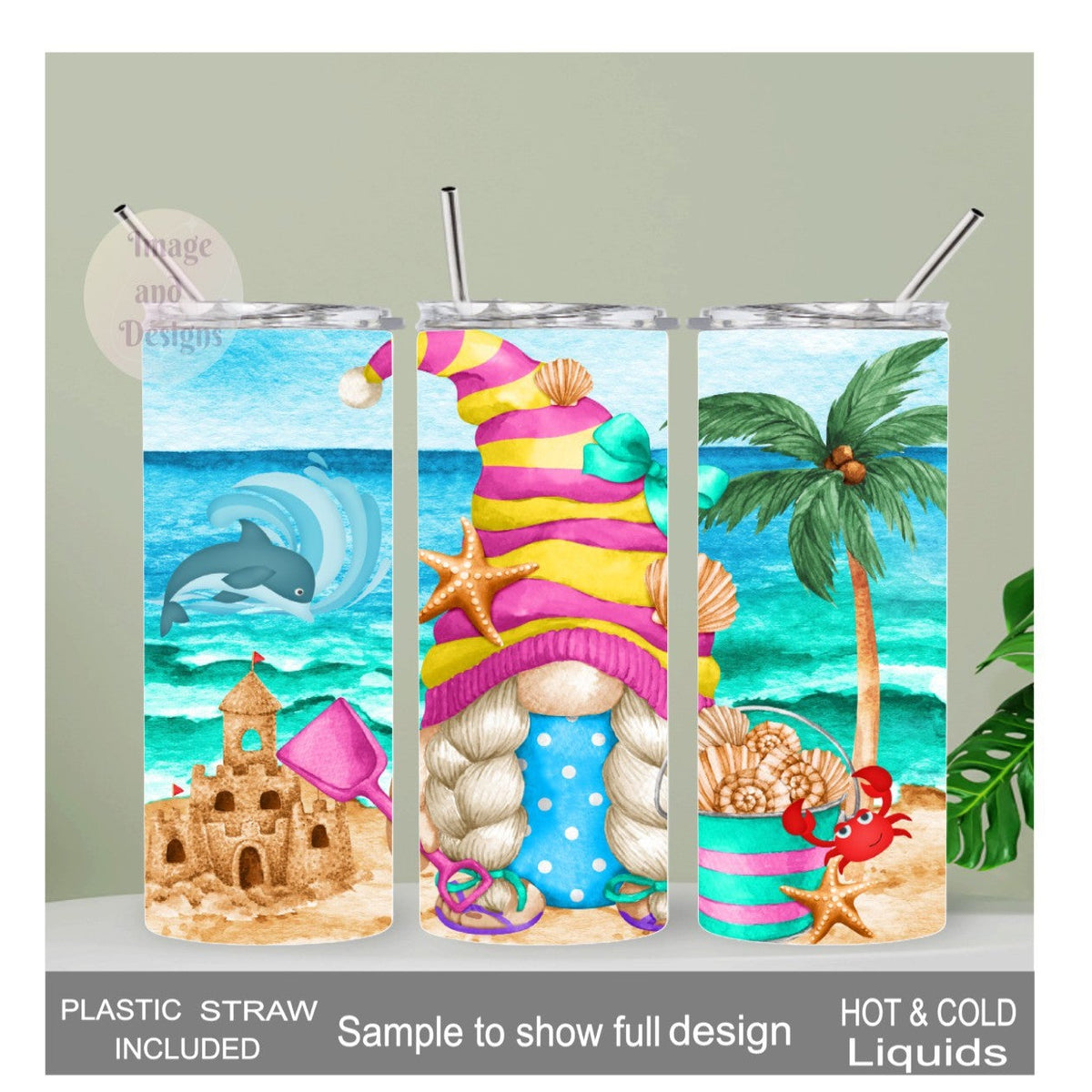 Cute Beach Gnome Tumbler 20oz With Reusable Straw, Can Be Personalized