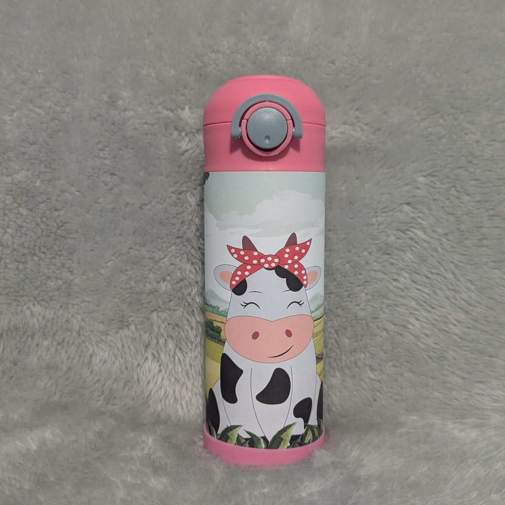 Kids Girl Cow Water Bottle 12oz With Reusable Straw, Can Be Personalized