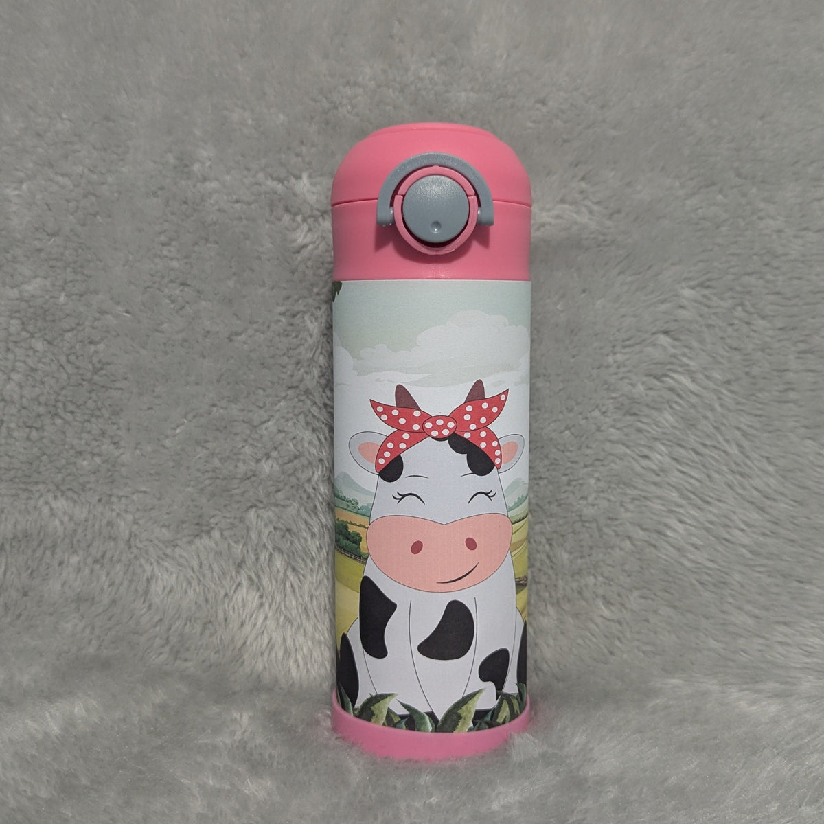 Kids Girl Cow Water Bottle 12oz With Reusable Straw, Can Be Personalized