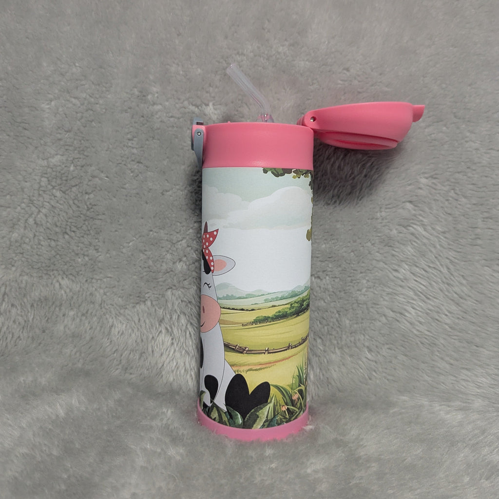 Kids Girl Cow Water Bottle 12oz With Reusable Straw, Can Be Personalized