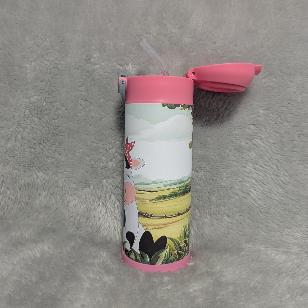Kids Girl Cow Water Bottle 12oz With Reusable Straw, Can Be Personalized