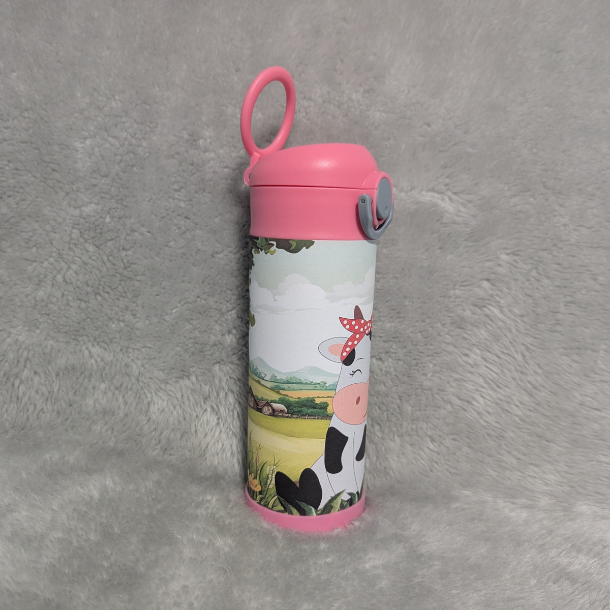 Kids Girl Cow Water Bottle 12oz With Reusable Straw, Can Be Personalized