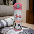 Kids Girl Cow Water Bottle 12oz With Reusable Straw, Can Be Personalized