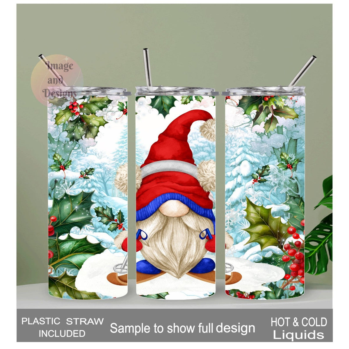 Skiing Gnome Tumbler 20oz With Reusable Straw, Can Be Personalized